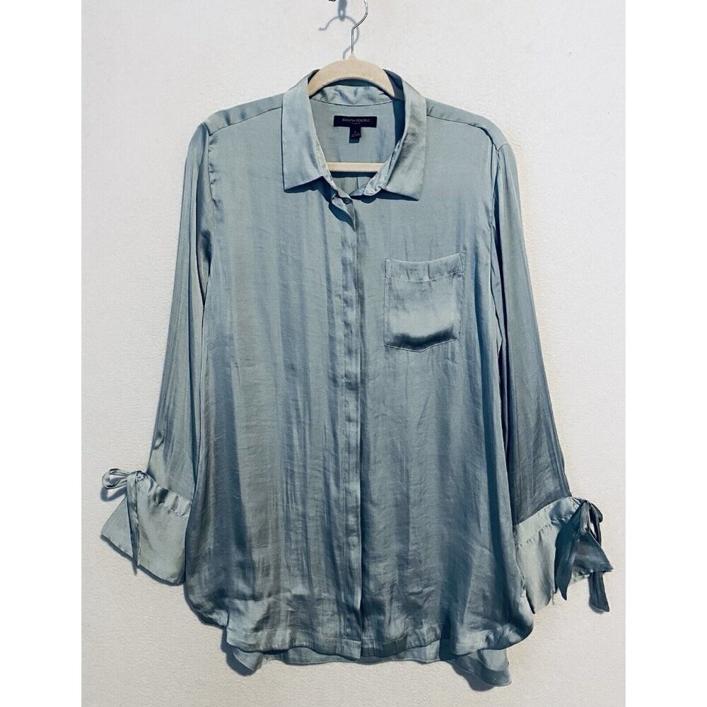Banana Republic Top Womens Large Blue Parker Tunic Tie Cuff Satin Career Fairy